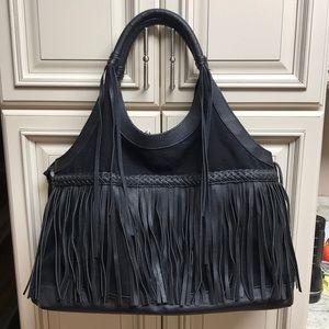 Large Black Fringed Canvas Shoulder Bag